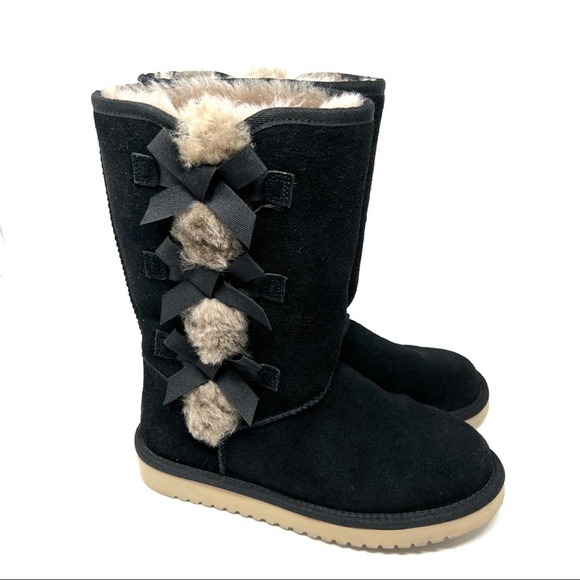 Koolaburra by Ugg Black Bow Sheep Skin Leather Mid Shaft Boots - Picture 2 of 10